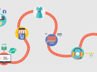Illustration of steps in a customer journey laid out on a winding road