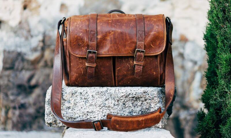 Leather satchel on stone surface
