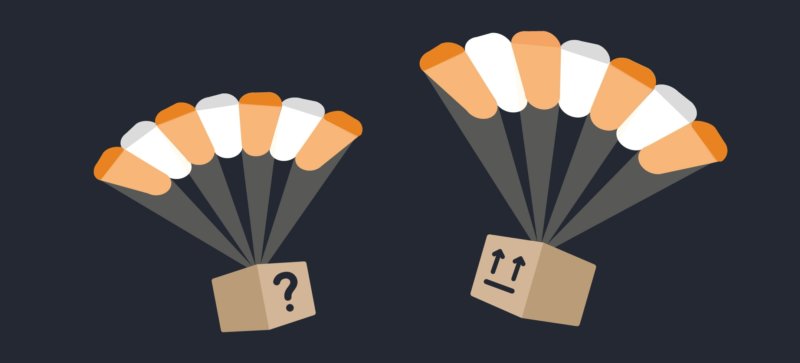 Two packages labeled with a question mark and arrows that make a confused face, both dropped with parachutes