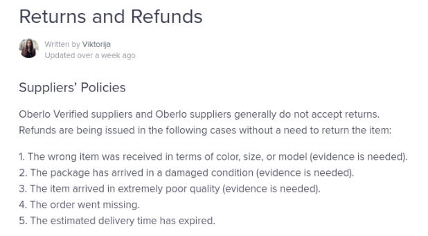 Oberlo returns and refunds